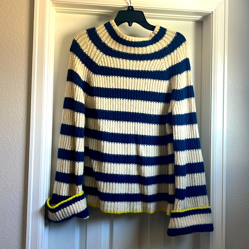 Anthropologie Maeve cream and blue striped mock turtleneck. Size Medium.